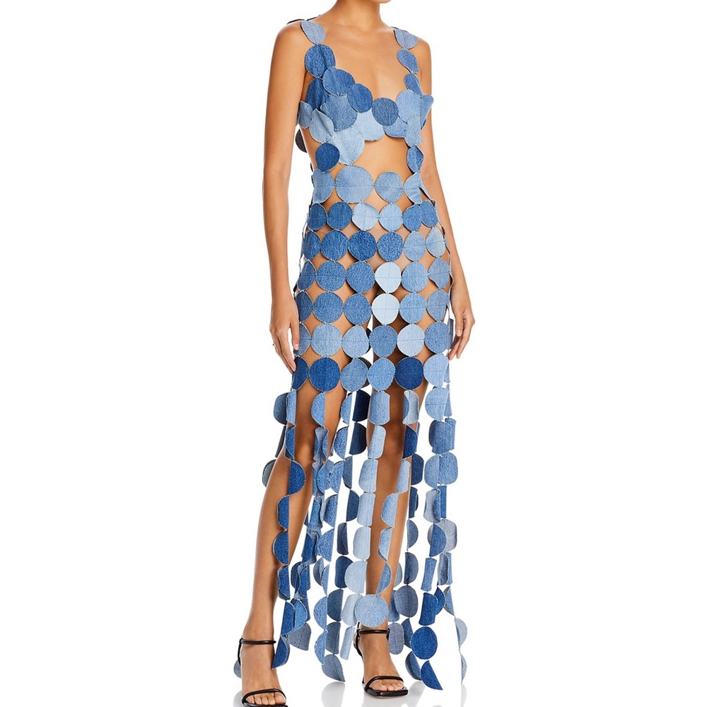 Denim Appliqué Fringe Maxi Dress